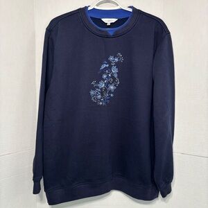 Northern Reflections Blue Crewneck Sweater Floral Pattern & Bird Embroidered